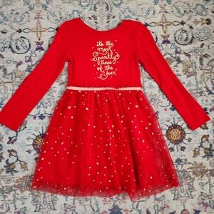 Cat & Jack Girls Brillant Red Christmas Holiday 'Tis The Season' Dress, sz 6/6x